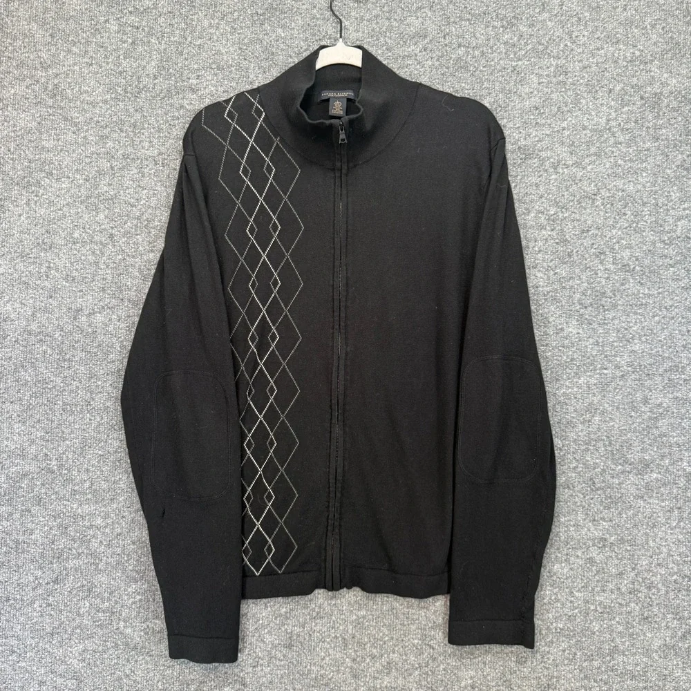 Banana Republic Sweater Men Large Black‎ Argyle Silk Cashmere Elbow Patches Zip